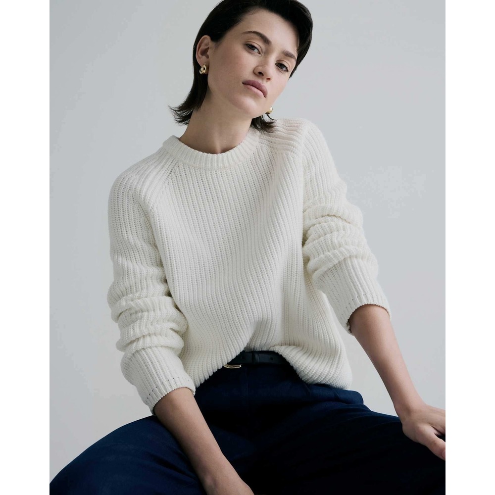 Quince 100% Organic Cotton Fisherman Crew Sweater Size L Ivory White